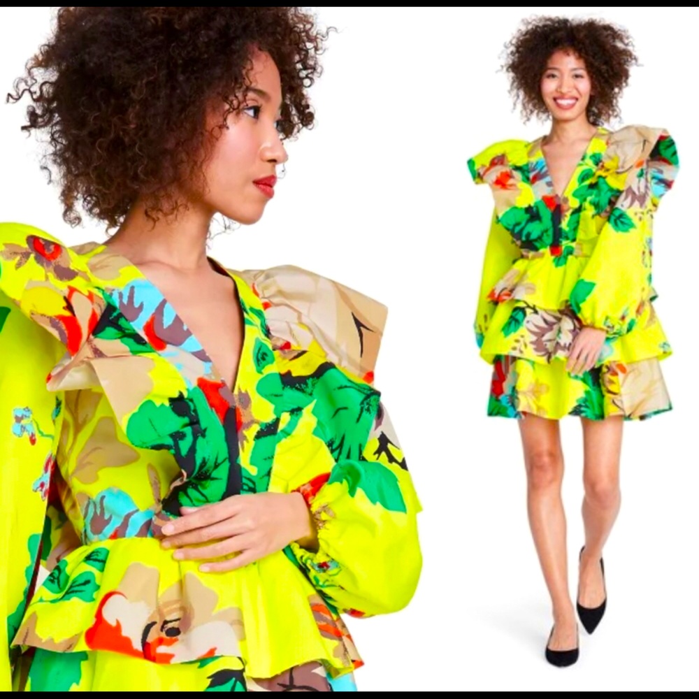 Christopher Rogers Floral Long Sleeve Ruffle Dress